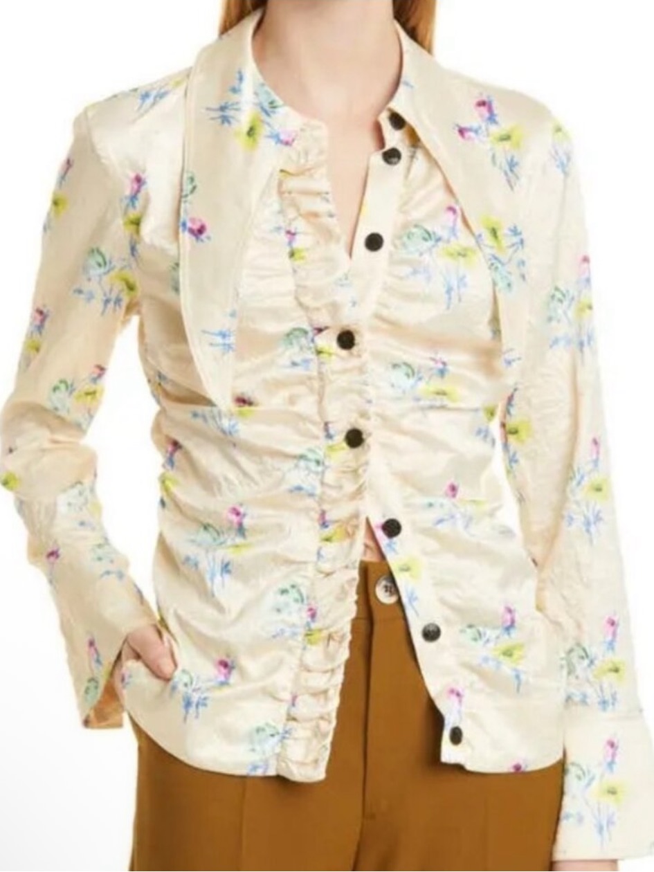 Ganni Yellow Floral Ruffle Blouse